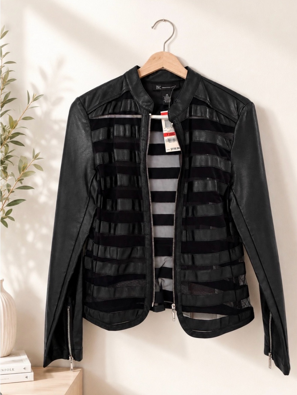 INC Black Striped Faux-Leather Moto Jacket